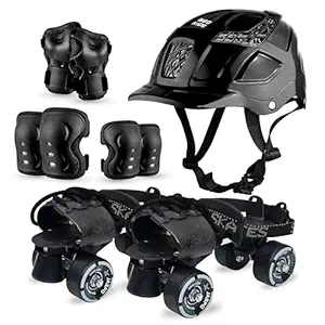 jaspo Unisex Tenacity Pro Adjustable Senior Outdoor Wheel Roller Skates Combo Suitable for Age Group 6 to 14 Years (Skates+ Helmet + Knee Guard+ Elbow Guard +Wrist Guard+Key) (Black)
