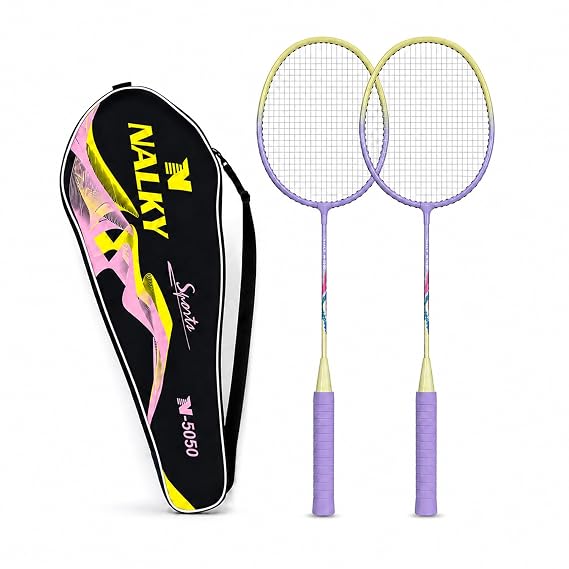 Wide Body Aluminium Badminton Racket Set of 2 for Men & Women | Racquets with High Tension Strings | Indoor & Outdoor Racket with Carry Bag (Purple & Yellow)