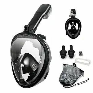 VBM Full Face Snorkeling Mask Diving Gear - Latest Dry Top System,180 Degree Panoramic View Snorkeling Mask with Camera Mount,Safe Breathing,Anti-Leak Anti-Fog-Swim Fins (Black - L/XL)