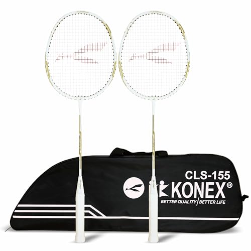 Konex Aluminium Badminton Racquet | Optimized String Tension, Ergonomic Grip & Durable Frame | Full Cover Included - White (Pack of 2)