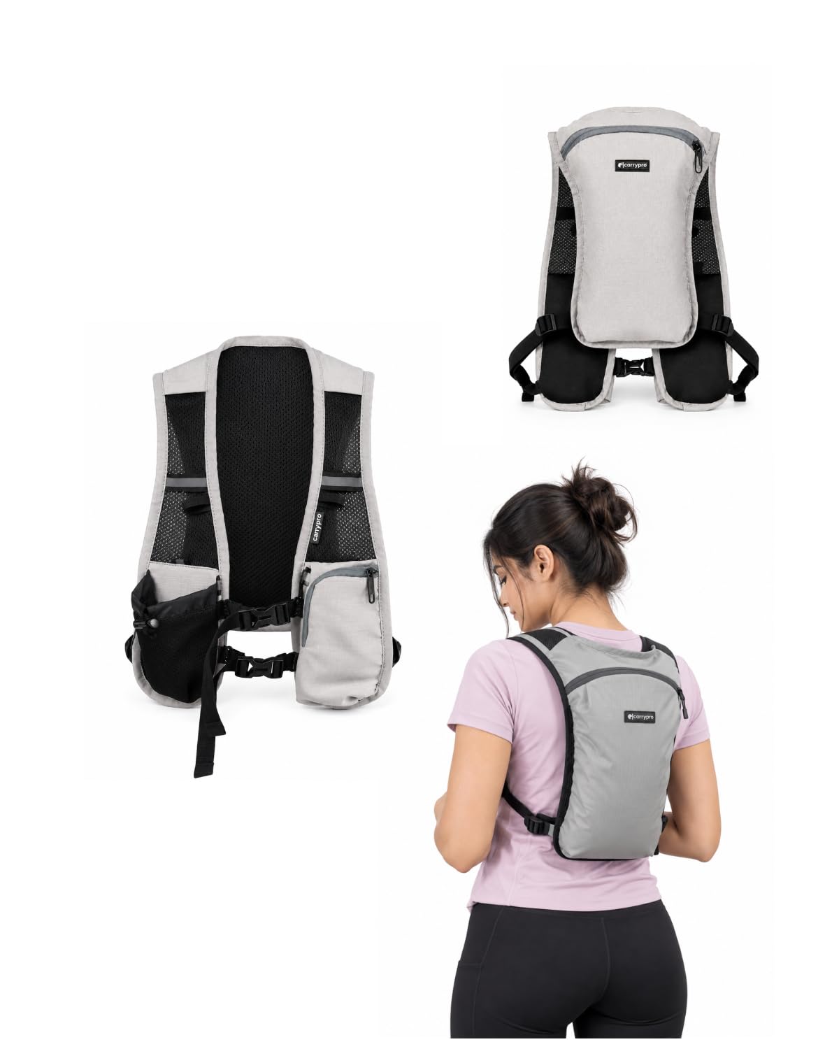 CarryPro Sprint Running Vest Pack for Men & Women - Lightweight Running Hydration Vest with Multi-Pocket Storage, Breathable Mesh Back, Adjustable Fit for Marathon & Outdoor Sports, (Mist Grey)