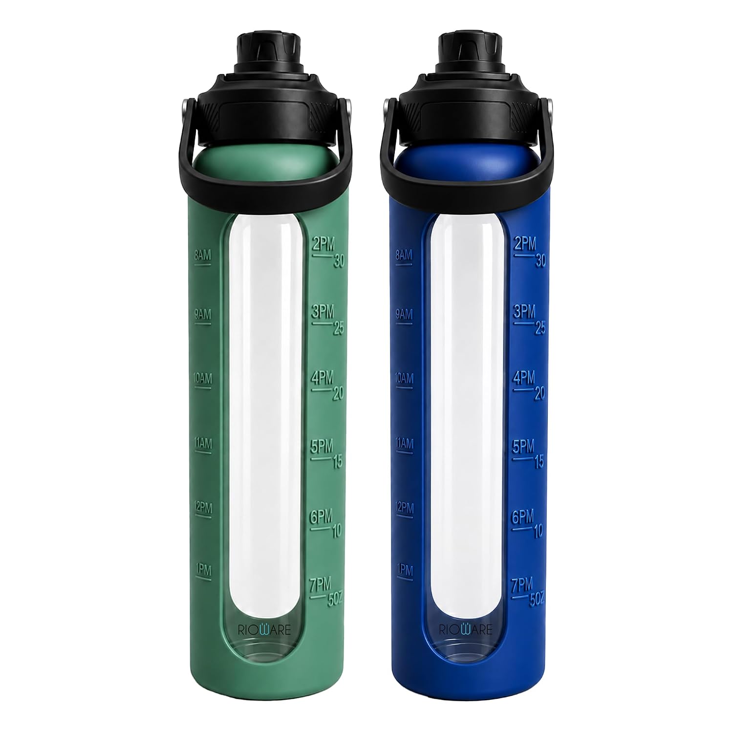 Rioware� Motivational Borosilicate Glass Water Bottle 1 Litre with Silicone Sleeve | Time Markings, Airtight, Leak-Proof BPA-Free Bottle For Fridge, Gym, Travel, Office & Home | Pack of 2- Blue-Green