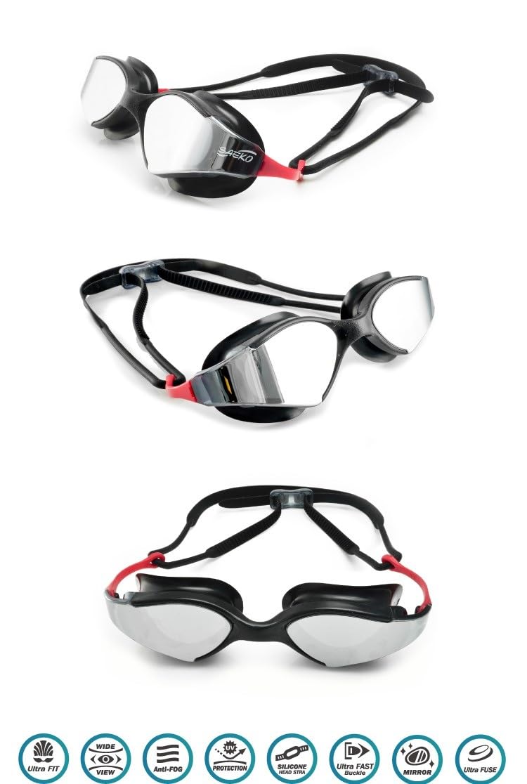 SAEKO Fitness Blade Mirror Professional Swimming Goggle With Ultra Anti Fog Leakproof Swim Goggles, UV Protection, 100% Phthalates free For Adult's (Black)