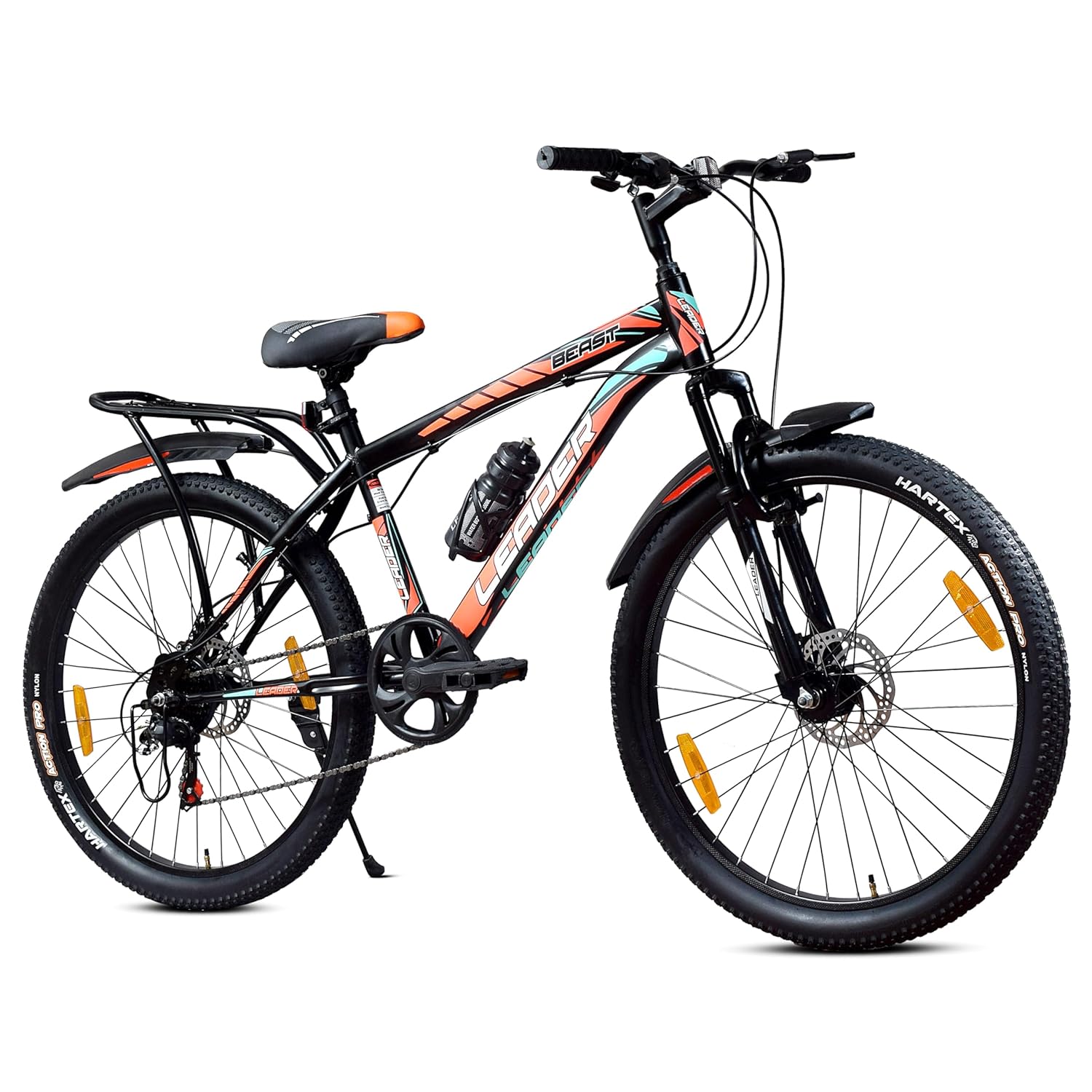 Leader Beast 26T IBC Premium 7 Speed Cycle for Men with inbuilt Carrier | City/Mountain Bike with Front Suspension & Dual Disc Brakes | Gear Bicycle for Men | Ideal for 10+ Years � Matt Black