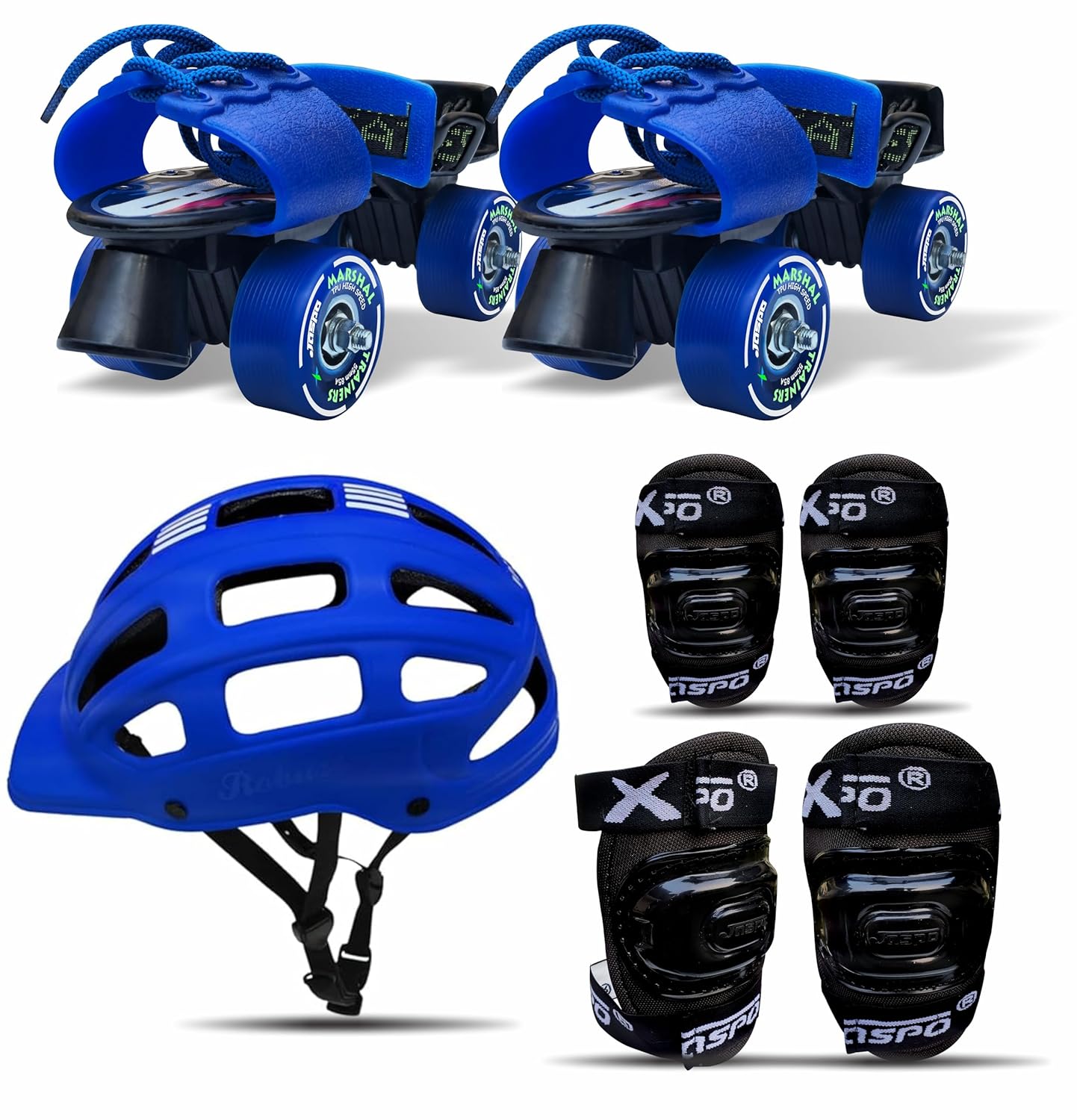 jaspo Unisex Marshal Trainers Adjustable Inline_Skate_Wheel Roller Skates Combo (Skates + Helmet + Knee Guards & Elbow Guards) - for Age Groups 6 to 14 Years | Academy & School Level Skating, Blue