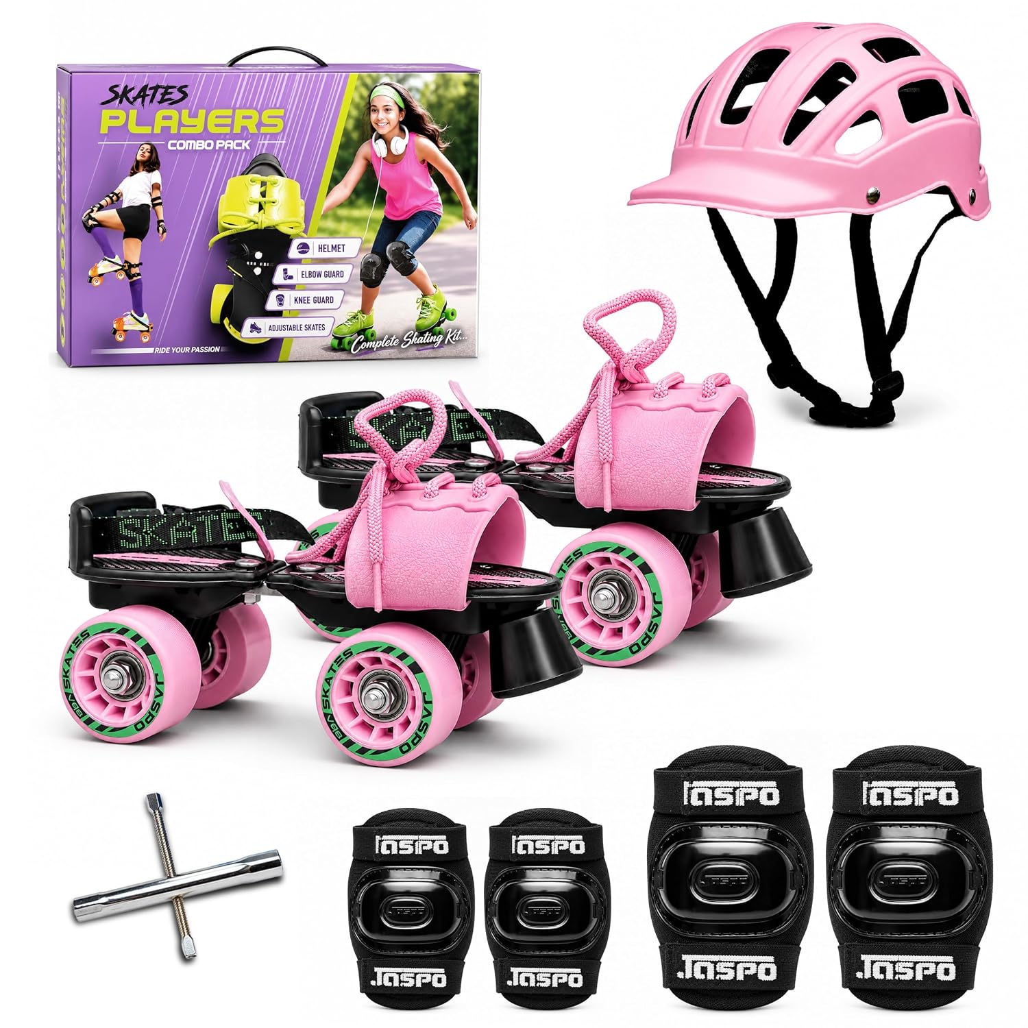 jaspo Unisex Cruiser Senior Players Quad Adjustable Outdoor Wheel Roller Skates Combo (Suitable For 6 To 14 Years) (Pink)